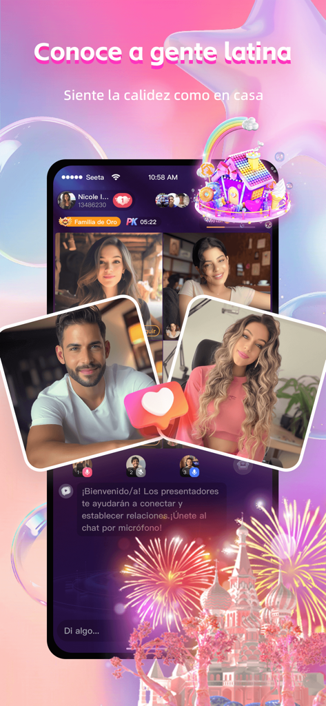 SeeTa: Corto, En vivo, Familia - Interface do aplicativo SeeTa mostrando chat de vídeo ao vivo para a comunidade latina com o texto Conheça a gente latina