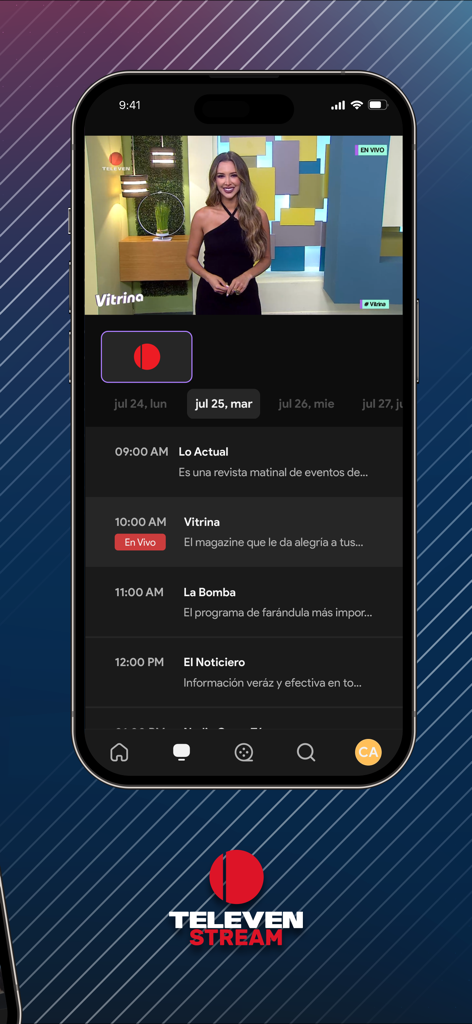 Televen Stream mobile app interface displaying a live TV program and daily content schedule on an iPhone.