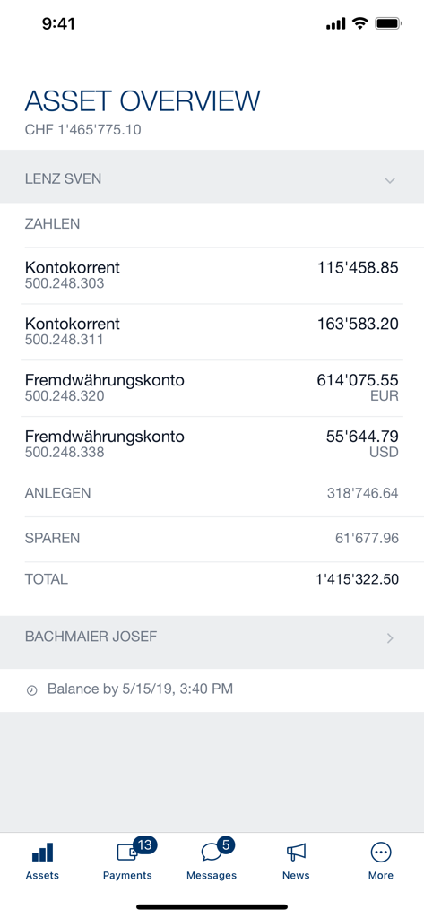 SB Saanen Bank - SB Saanen Bank mobile app asset overview screen displaying multi-currency account balances and investment totals
