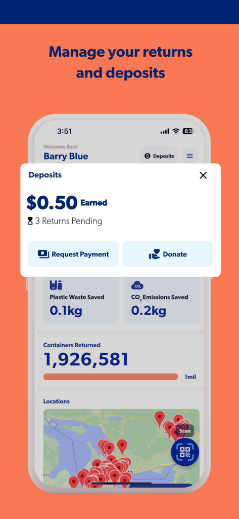 Friendlier - Friendlier mobile app screen showing container deposit earnings and environmental impact tracking