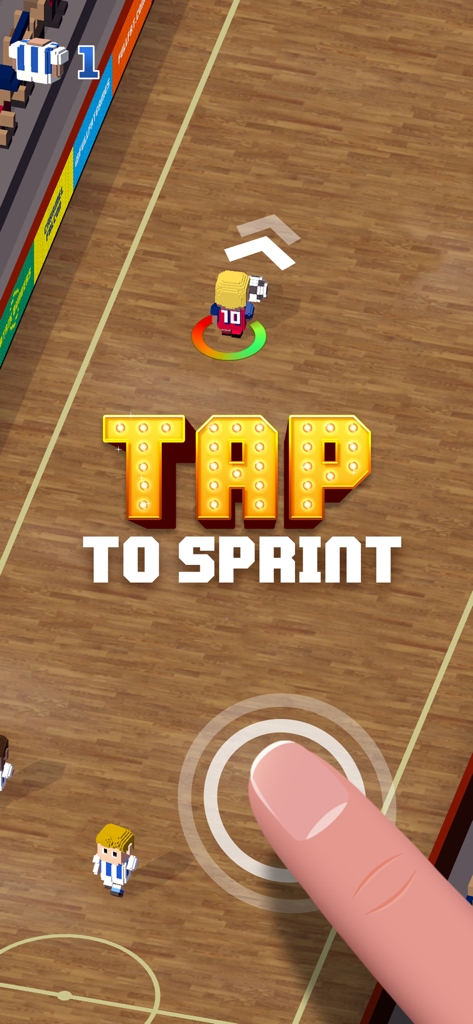 Blocky Soccer - A blocky soccer player on a wooden pitch with a tap to sprint instruction and a finger tapping the screen.