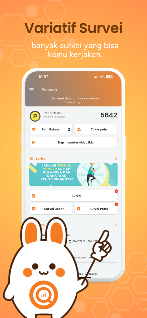 Nusaresearch - Nusaresearch mobile app home screen showing user points and survey options