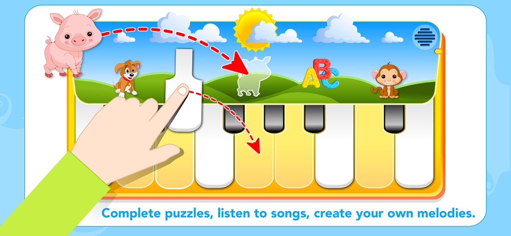 Interactive animal piano puzzle game with a pig and piano keys for kids