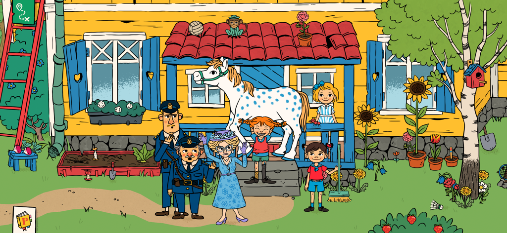 World of Pippi Longstocking - Pippi Longstocking lifting her horse in the garden of Villa Villekulla with her friends and the village policemen