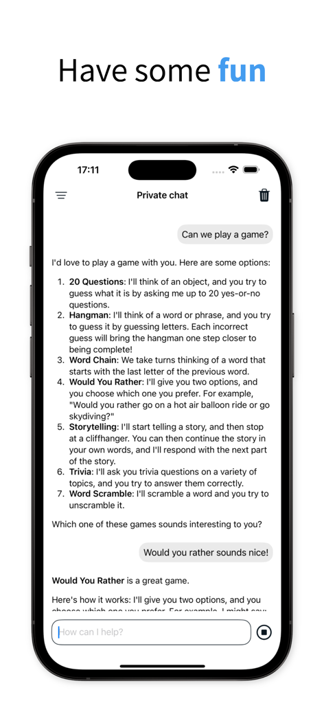 Enclave - Local AI Assistant - Screenshot of the Enclave app showing a private chat interface with an AI assistant playing a game of Would You Rather.