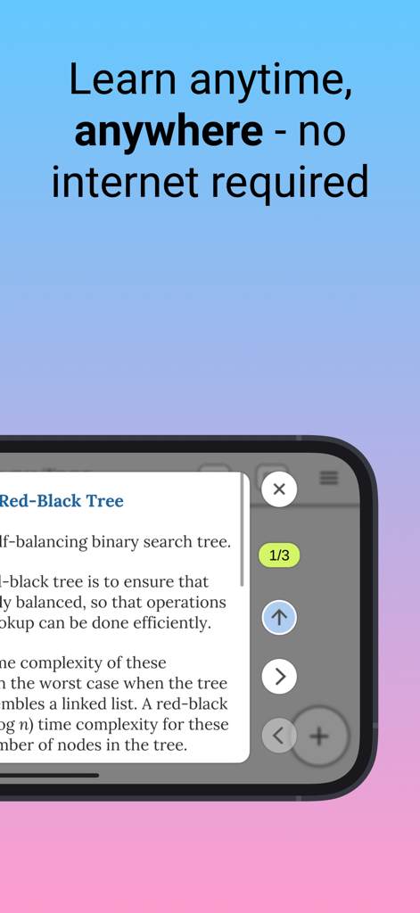 VisiGrab app screen explaining Red-Black Trees with a focus on offline learning