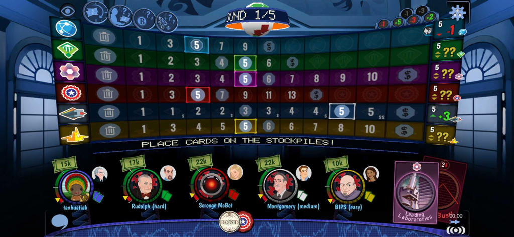 Stockpile Game - Interface digital do jogo de tabuleiro Stockpile mostrando o rastreador do mercado de ações e perfis de jogadores durante uma partida