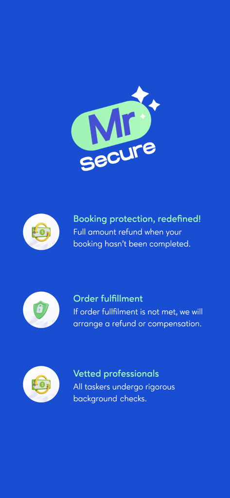 Good Guys - Good Guys app screen showcasing Mr Secure trust features including booking protection, order fulfillment guarantee, and vetted professionals with background checks.