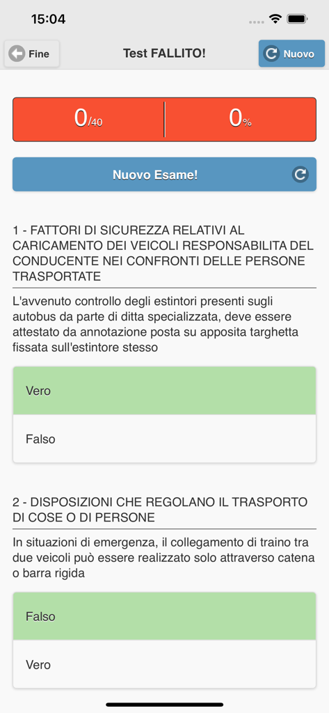 Schermata dell'app mobile che mostra il risultato di un test teorico fallito per la patente per camion con un punteggio di zero e una revisione delle risposte corrette del quiz