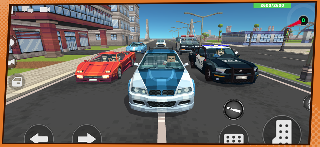 Simple Sandbox 3 - Pixel Craft - Coches pixelados y vehículo de policía en una calle de la ciudad en Simple Sandbox 3