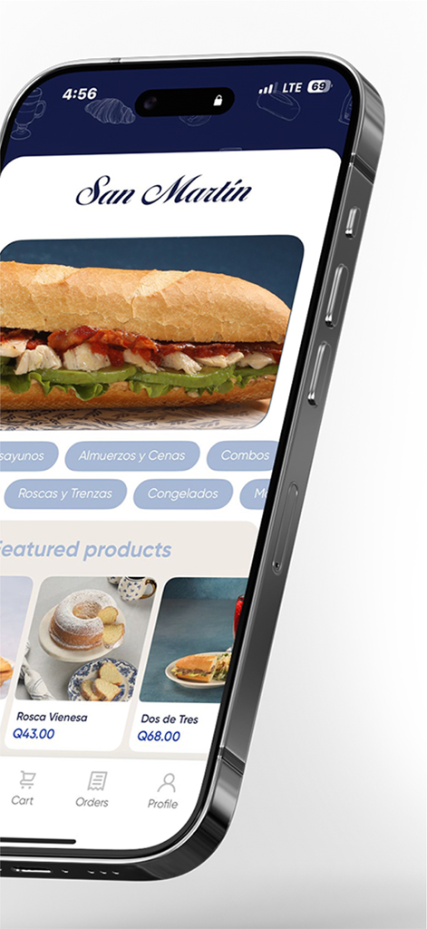 Interfaz de la app móvil San Martín mostrando elementos del menú de panadería y restaurante
