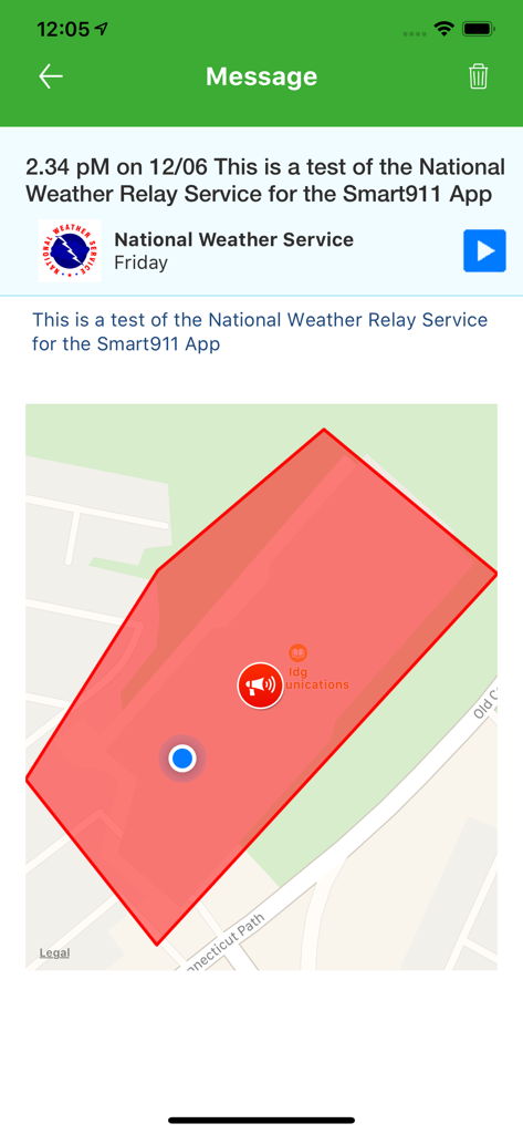 Smart911 app showing a National Weather Service test alert message with a red highlighted area on a map