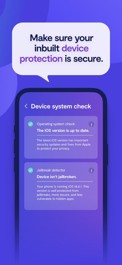 Smartphone screen displaying Clario AntiSpy device system check with iOS update and jailbreak status