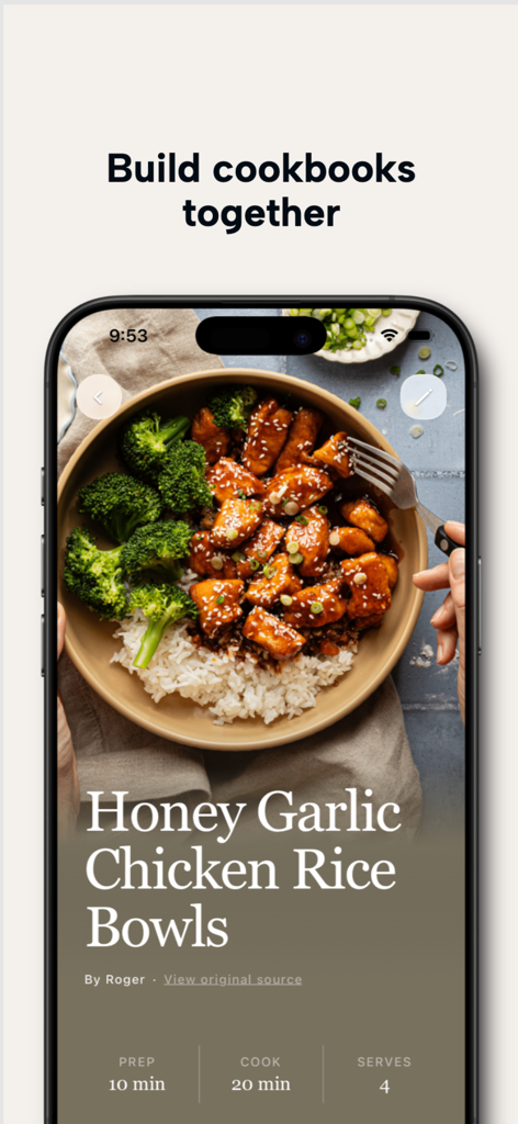 Chapter & Crumb - A recipe for Honey Garlic Chicken Rice Bowls displayed in the clean editorial-style interface of the Chapter and Crumb app