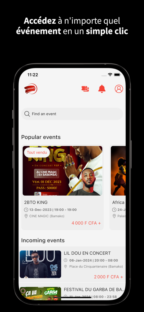 e-KaTicket - Home screen of the e-KaTicket mobile app showcasing a list of popular and upcoming concerts and social events.