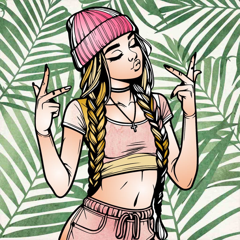 realistic teenage girl with braids and a beanie and crop top doing 🫶🏼