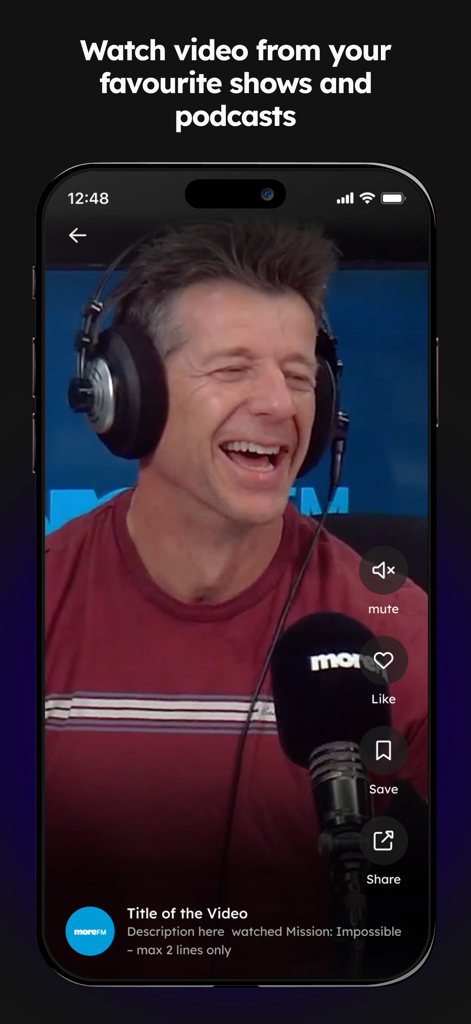 A smartphone displaying a video clip of a laughing radio host within the rova app interface.