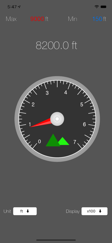 Altimeter - i - Screenshot of the Altimeter - i app showing a digital and analog altitude reading of 8200 feet.
