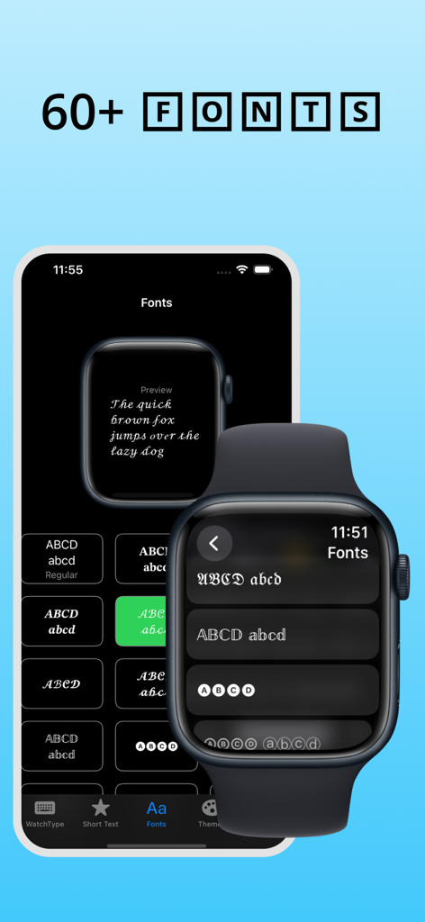 Interfaz de la aplicación que muestra más de 60 fuentes personalizadas para escribir en Apple Watch