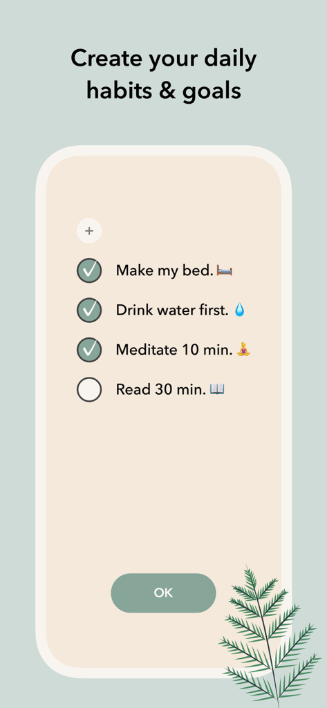 Eden: Daily Self Care Routine - 毎日のセルフケア目標とチェックボックスのリストを表示する、ミニマリストな習慣トラッカー画面。