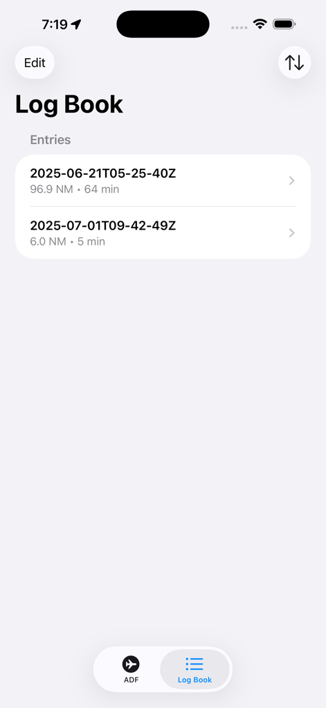La schermata del Registro di Volo dell'app di aviazione Direct To che mostra le voci dei dati di volo
