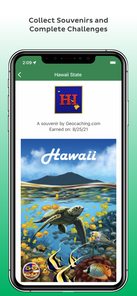 Geocaching app interface displaying a Hawaii state souvenir badge and completed challenge.