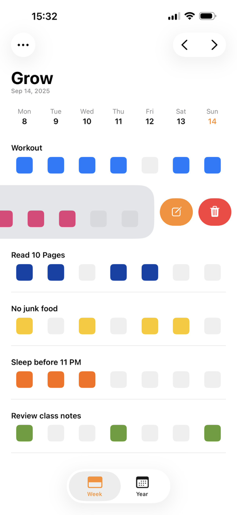 Grow - Habit Tracker - A minimalist weekly dashboard of the Grow habit tracker app displaying daily progress for various personal goals using colored indicators.