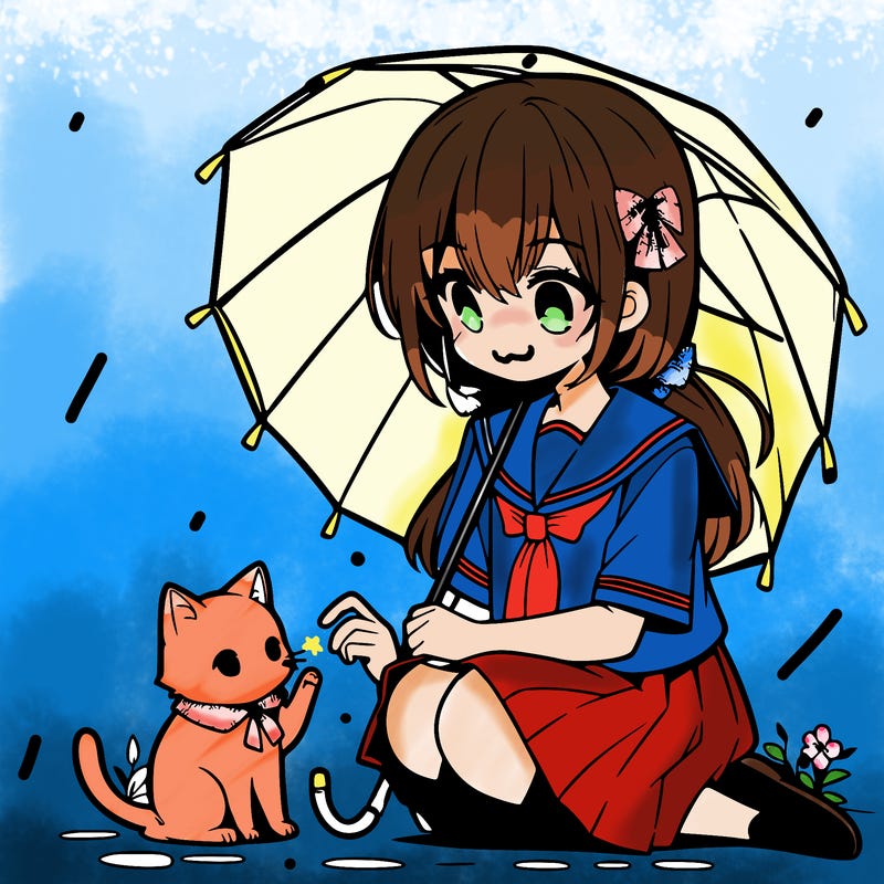 anime middle school girl sitting down petting a cat while holding an umbrella