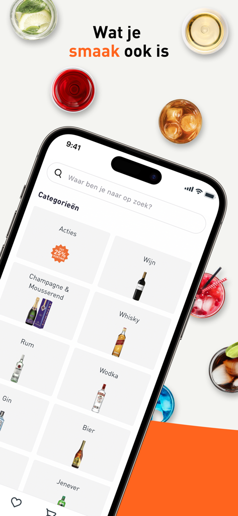 Gall and Gall mobile app interface on a smartphone showing drink categories like wine, whisky, and beer with a search bar and promotional banner