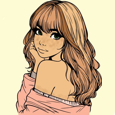 realistic girl with bangs looking over her shoulder