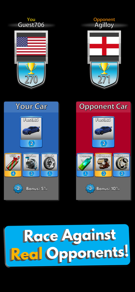 Racing Clash: Car Racing - Racing Clash matchmaking screen showing a head to head battle between two players with their customized cars and country flags