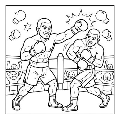 Step into the ring with this action-packed coloring page featuring two friendly heavyweight boxers in the middle of an exciting match. Perfect for young sports enthusiasts, this vibrant scene brings the thrill of boxing to life for kids to color.
