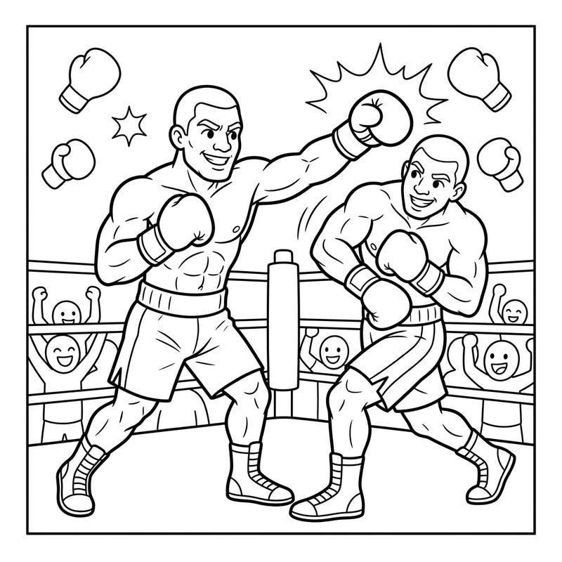 Step into the ring with this action-packed coloring page featuring two friendly heavyweight boxers in the middle of an exciting match. Perfect for young sports enthusiasts, this vibrant scene brings the thrill of boxing to life for kids to color.
