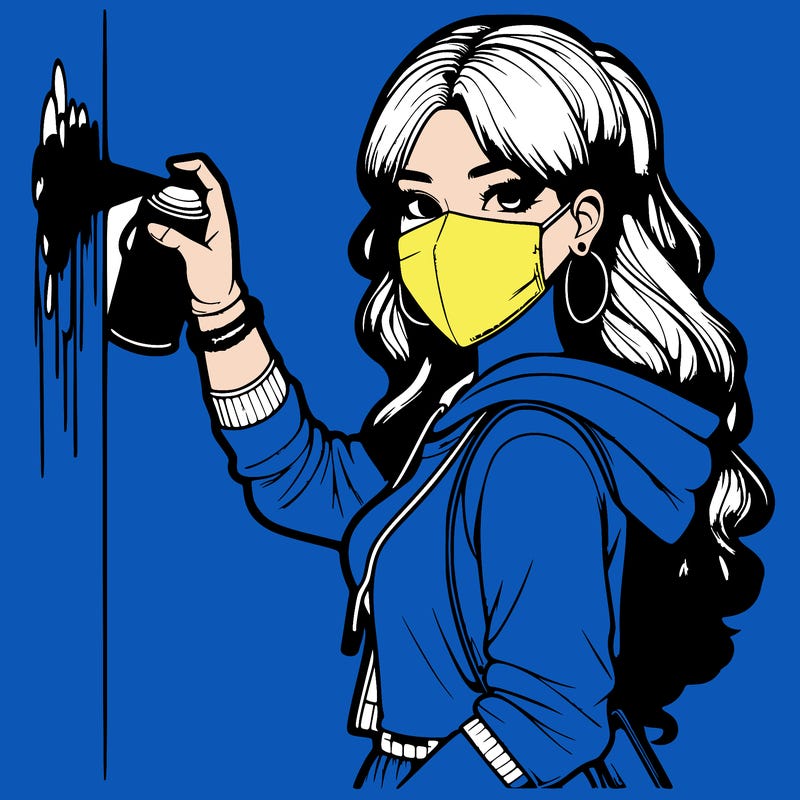 realistic girl with mask spray painting a wall