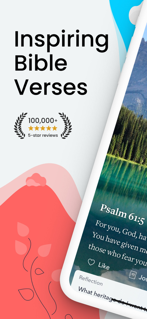 Bible Inspirations Daily app screen showing Psalm sixty-one five over a mountain lake background