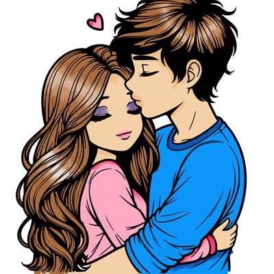 a realistic couple boy and girl hugging and kissing