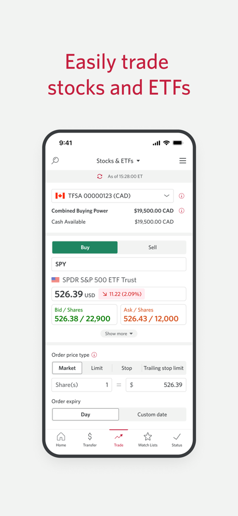 CIBC Mobile Wealth - Interface de l'application CIBC Mobile Wealth pour la négociation d'actions et de FNB.