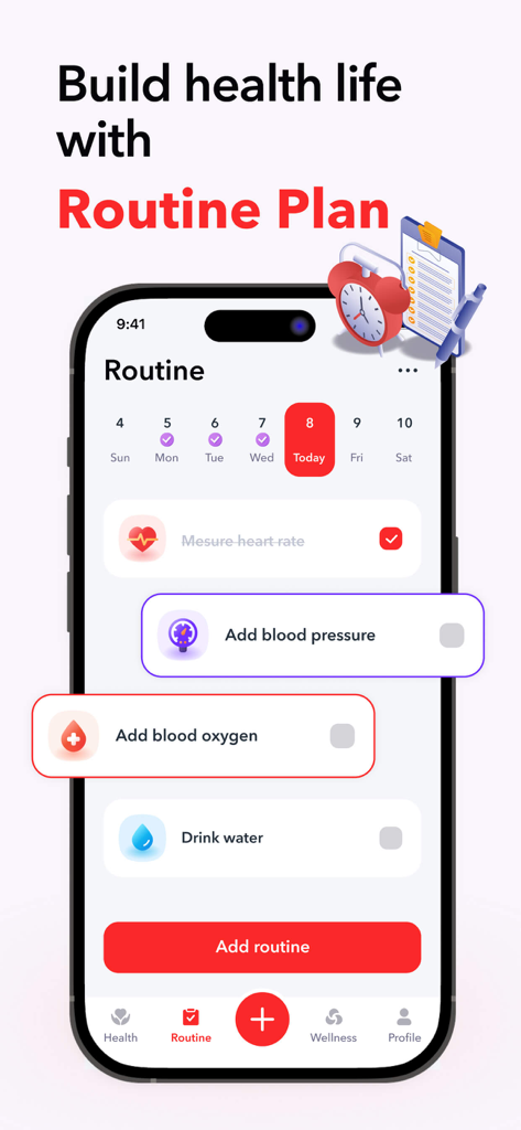 iCardio - Heart Rate Tracker - Interface do aplicativo iCardio mostrando um plano de rotina diária de saúde para rastreamento de frequência cardíaca e pressão arterial