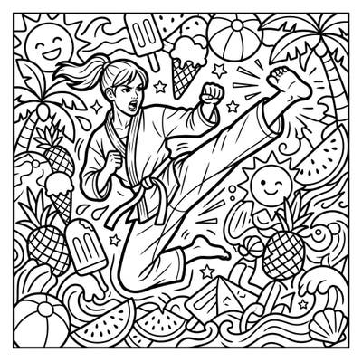 Get ready for an action-packed summer with this dynamic Karateka coloring page, bursting with Pop Art energy. Immerse yourself in a vibrant scene of martial arts mastery amidst sun-drenched beaches and tropical treats.