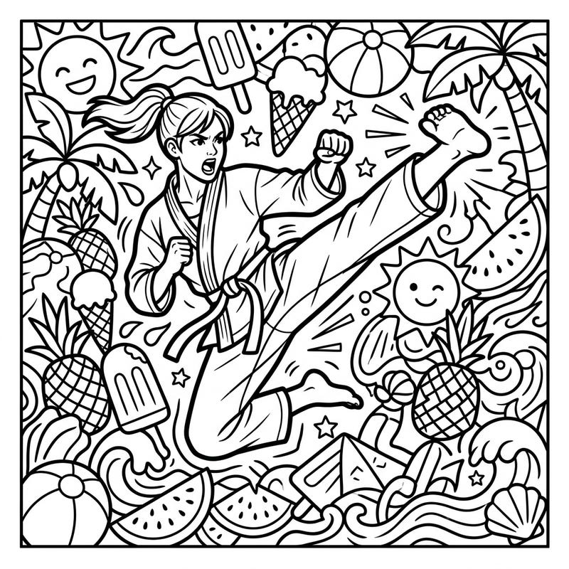 Get ready for an action-packed summer with this dynamic Karateka coloring page, bursting with Pop Art energy. Immerse yourself in a vibrant scene of martial arts mastery amidst sun-drenched beaches and tropical treats.