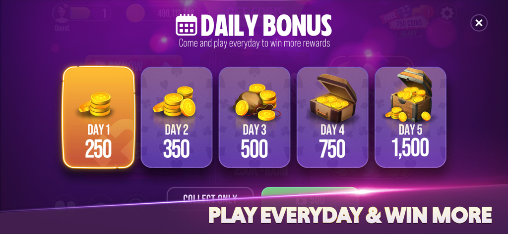 Gin Rummy Extra - Card Game - Daily bonus screen in Gin Rummy Extra showing coin rewards for five consecutive days