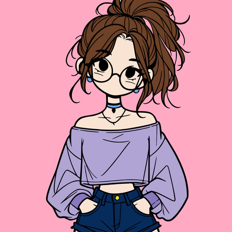 girl with a messy ponytail glasses a baggy crop top and jean shorts