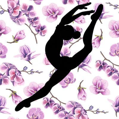 gymnast doing a leap in a leotard with a bent back leg