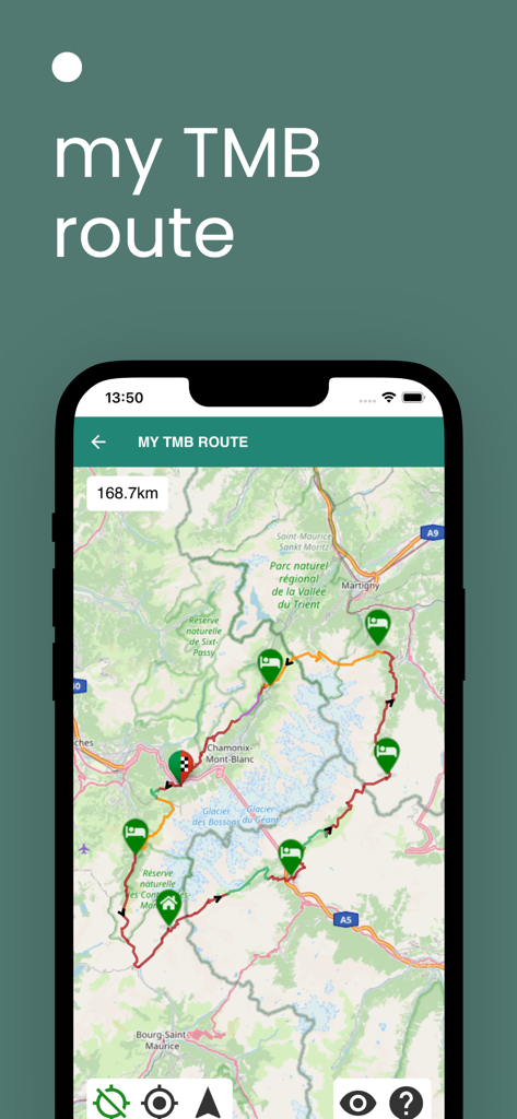 TMBmap - Smartphone screen displaying a personalized hiking route for the Tour du Mont Blanc with accommodation markers