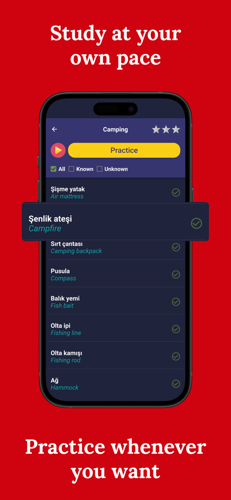 Screenshot of the Learn Turkish app showing camping vocabulary words for self-paced practice.