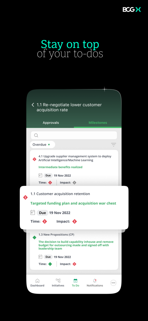 KEY Impact Management by BCG X - KEY Impact Management app interface showing business task milestones and to-do list