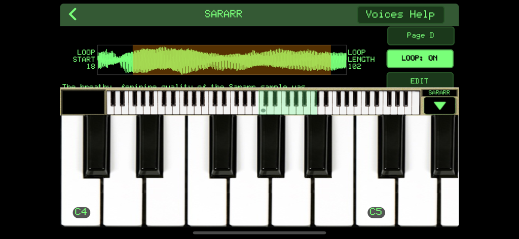 Peter Vogel CMI app retro green screen interface with waveform editor and virtual piano keyboard