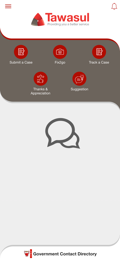 Panel de la aplicación Tawasul con opciones para enviar un caso, fix2go, rastrear un caso, enviar sugerencias y ver el directorio de contactos gubernamentales.