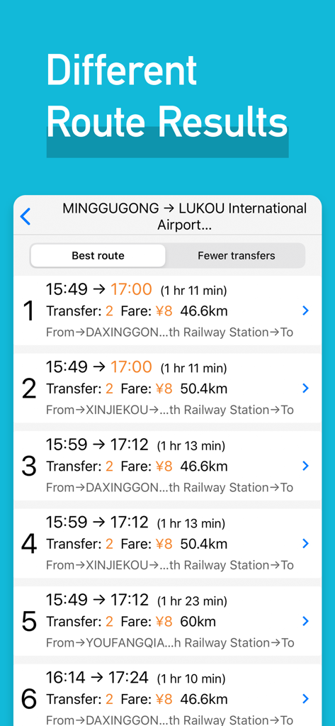 MetroMan Nanjing - Nanjing subway route planning options showing travel times and fare details