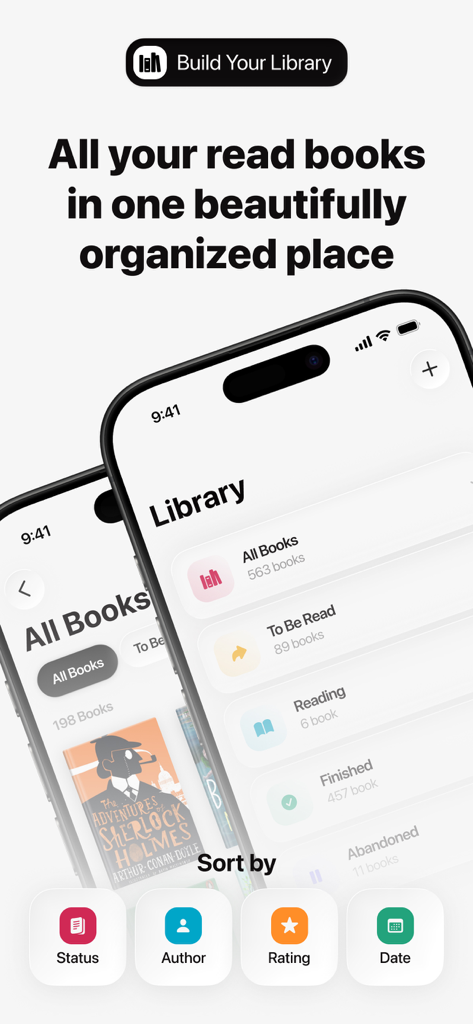 Library of me | Book tracker - A clean and aesthetic mobile app interface showing a personalized book library organized by reading status and sorting filters